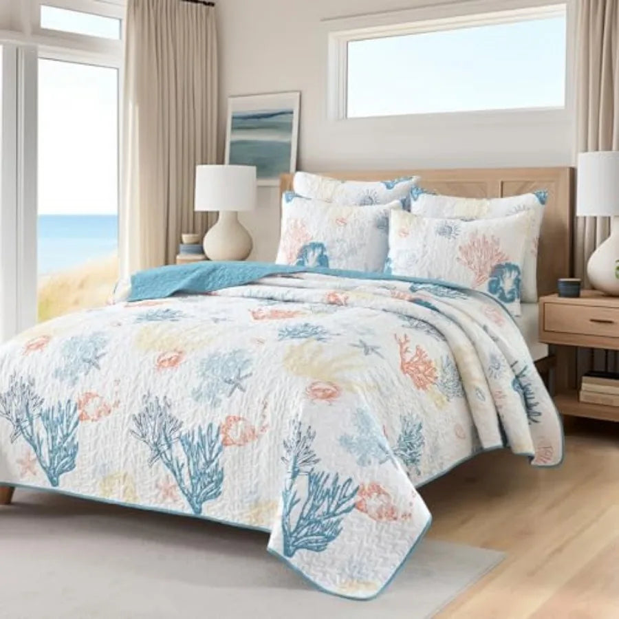 Coastal Quilt Bedding Set Size Reversible Summer Beach Quilt Lightweight Ocean Nautical Comforter Tropical Bedspread Coverlet w