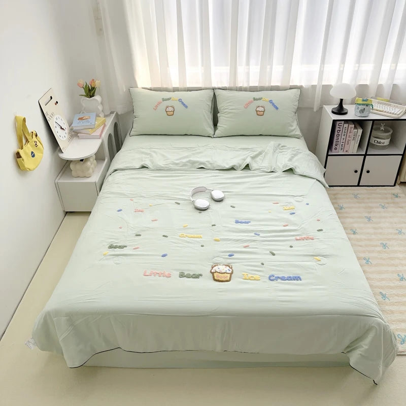New Cartoon Embroidered Spring Summer Duvet 4/3/1 Set Washed Breathable Thin Blanket Summer Skin Friendly Air Conditioner Quilt