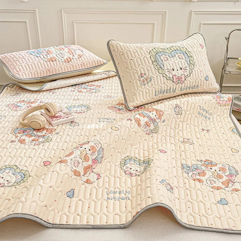 Summer Cartoon Ice Latex Cooling Mat Set Super Soft Printed Tatami Mat Pillowcase for Single Comfortable Non-Slip Bedding Kit