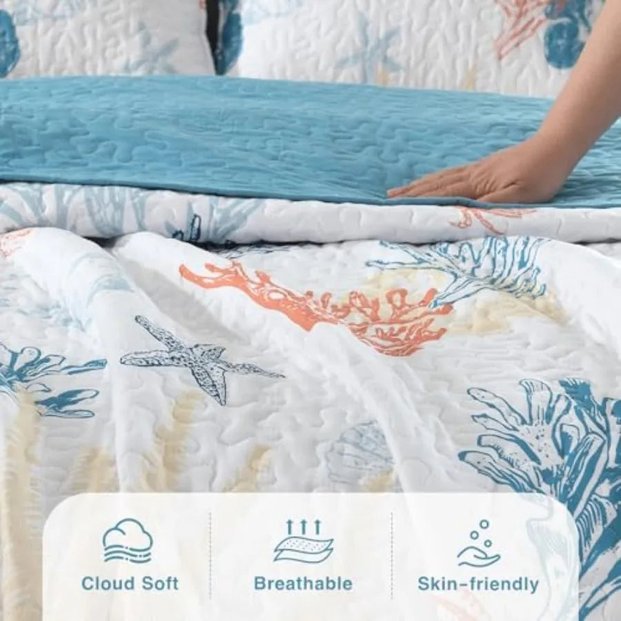 Coastal Quilt Bedding Set Size Reversible Summer Beach Quilt Lightweight Ocean Nautical Comforter Tropical Bedspread Coverlet w