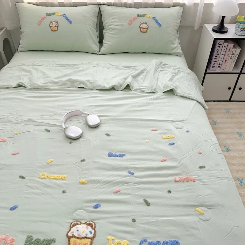 New Cartoon Embroidered Spring Summer Duvet 4/3/1 Set Washed Breathable Thin Blanket Summer Skin Friendly Air Conditioner Quilt